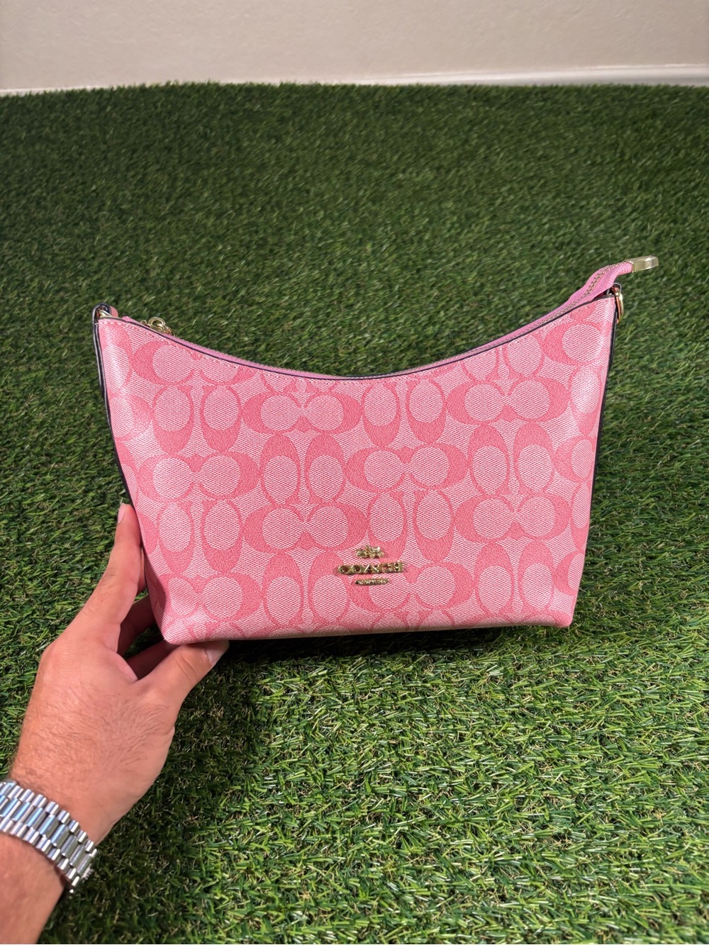 Coach Pink Signature Canvas Wristlet Clutch with Gold Hardware